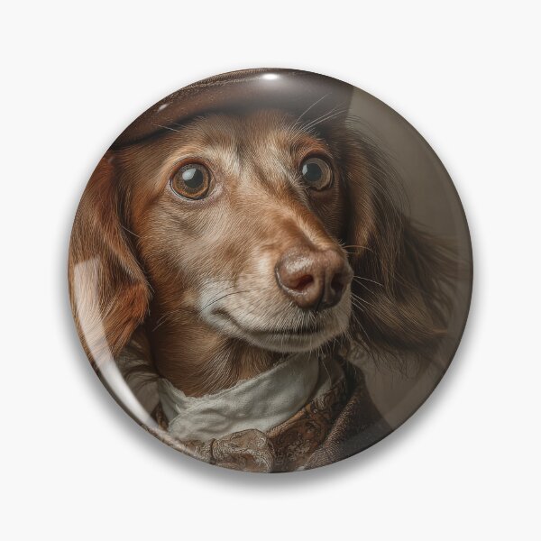 Item preview, A dachshund dog dressed in formal, vintage clothing resembling a classic portrait painting. The dog wears a suit jacket, waistcoat, and a cravat, set against a dark, painterly background designed and sold by Julia Shepeleva.