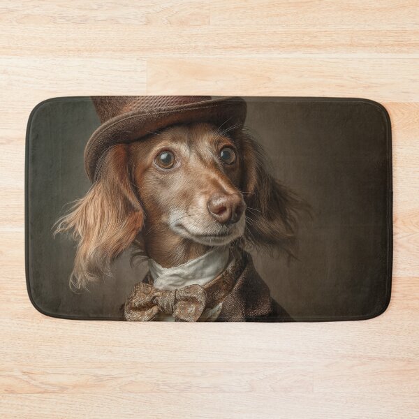 Item preview, A dachshund dog dressed in formal, vintage clothing resembling a classic portrait painting. The dog wears a suit jacket, waistcoat, and a cravat, set against a dark, painterly background designed and sold by Julia Shepeleva.