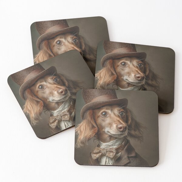 Item preview, A dachshund dog dressed in formal, vintage clothing resembling a classic portrait painting. The dog wears a suit jacket, waistcoat, and a cravat, set against a dark, painterly background designed and sold by Julia Shepeleva.