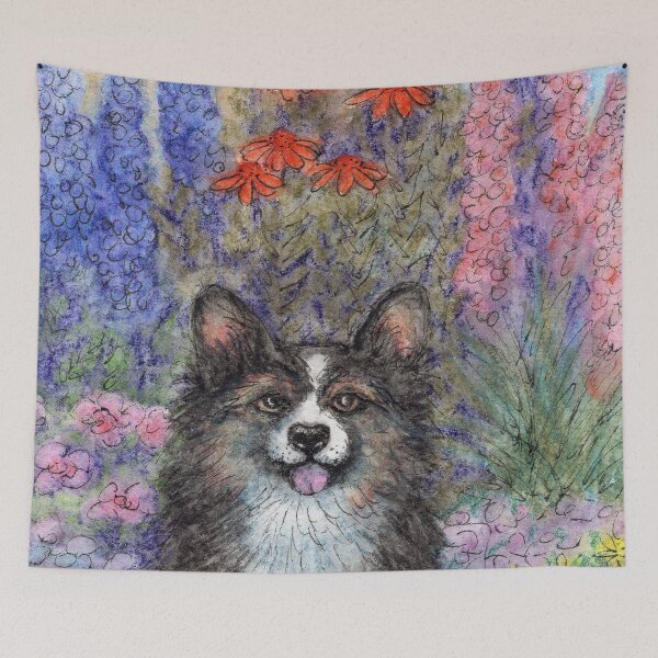 Item preview, Tricolour Corgi Dog in a Summer Garden – Watercolour Illustration designed and sold by SusanAlisonArt.