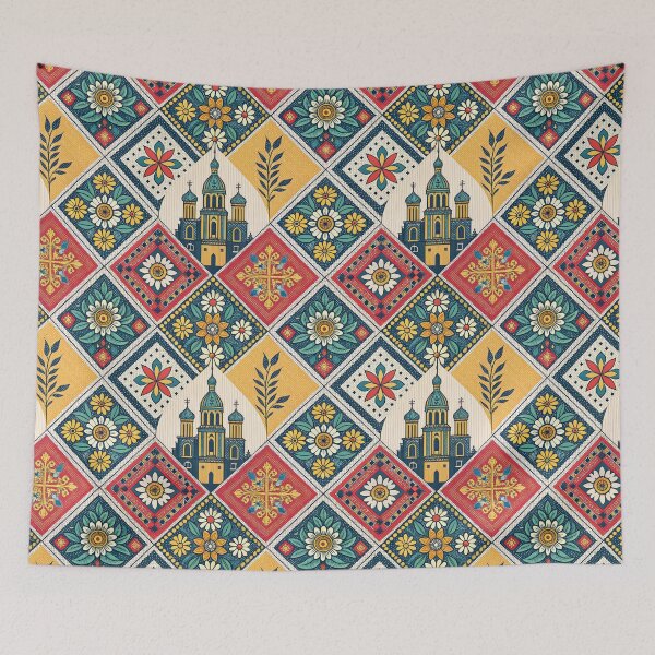 Item preview, Vibrant Slavic Folk Art Pattern with Orthodox Church and Floral Motifs. designed and sold by RGShirtWorks.