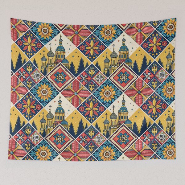 Item preview, Vibrant Folk Art Pattern with Orthodox Church and Floral Motifs. designed and sold by RGShirtWorks.