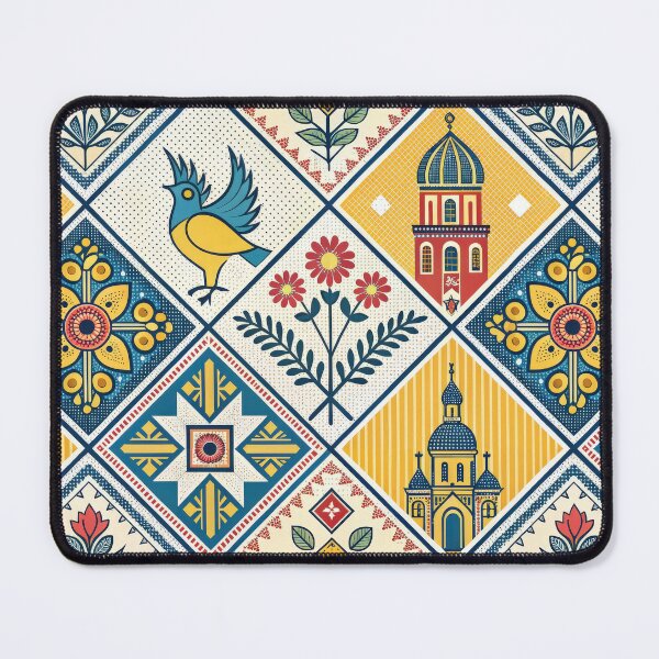 Item preview, Vibrant Folk Art Seamless Pattern with Birds, Flowers, and Cultural Architecture. designed and sold by RGShirtWorks.