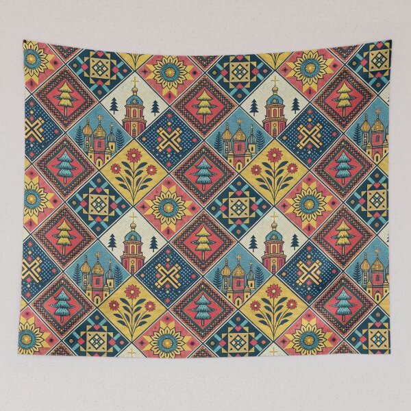 Item preview, Vibrant Folk Art Pattern with Churches, Flowers, and Traditional Ornaments. designed and sold by RGShirtWorks.