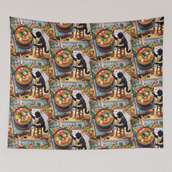 Item preview, Cat drawing Tom yam gung in a kitchen designed and sold by ParateePShop.