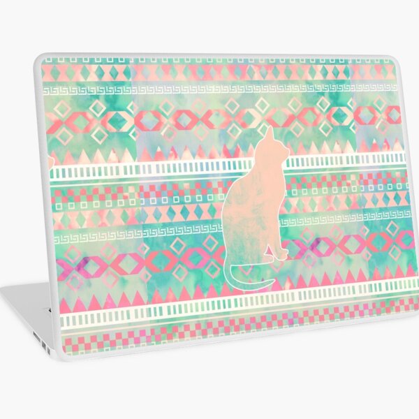 Whimsical Cat, Pink Turquoise Girly Aztec Pattern Laptop Skin