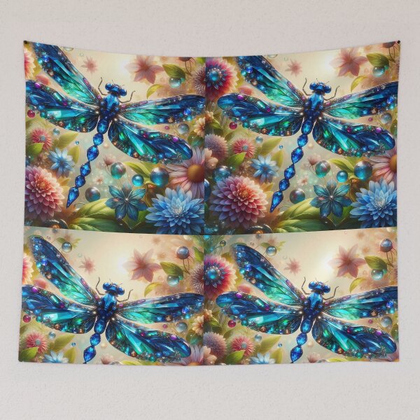Item preview, Sapphire Drift – Delicate Dragonfly Among Fantasy Blooms designed and sold by EmeraldeaArt.