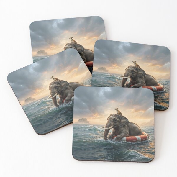 Item preview, Elephant and dog drift on lifebuoy in stormy sea designed and sold by Mike Kiev art.
