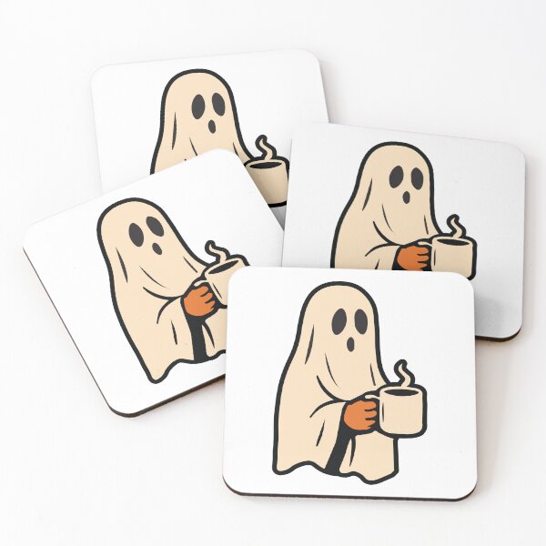 Item preview, Coffee Ghost wearing a sheet, but with a surprising twist – it's holding a steaming mug of coffee designed and sold by Koony House and Field.