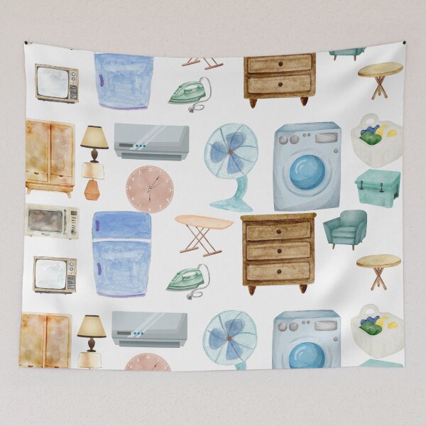 Item preview, Retro Home Appliances Pattern – Watercolor Furniture & Electronics designed and sold by hayashimei.