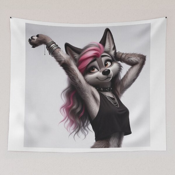 Item preview, Cute Anthropomorphic Wolf Girl render Grey Wolf posing with her hands behind her head designed and sold by Vintage Designs +.