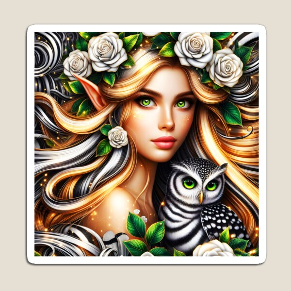 Item preview, Ethereal Fae Portrait with Black and White Striped Hair and Owl – Mystical Fantasy Art designed and sold by EvaAngel.