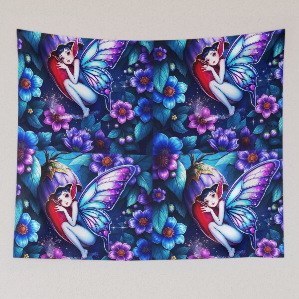 Item preview, Fae in a Flower Chrysalis – Purple Blue Petals & Wings Fantasy Art designed and sold by EvaAngel.