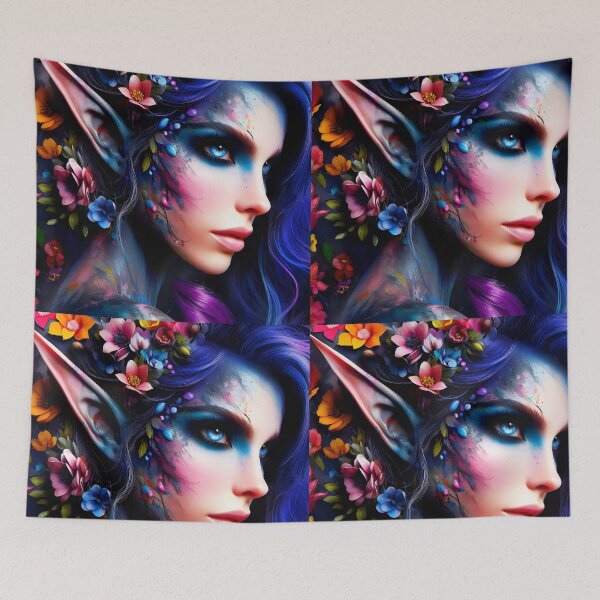 Item preview, Painterly Dark Floral Fae – Side Portrait of Fairy with Long Pointy Ears designed and sold by EvaAngel.