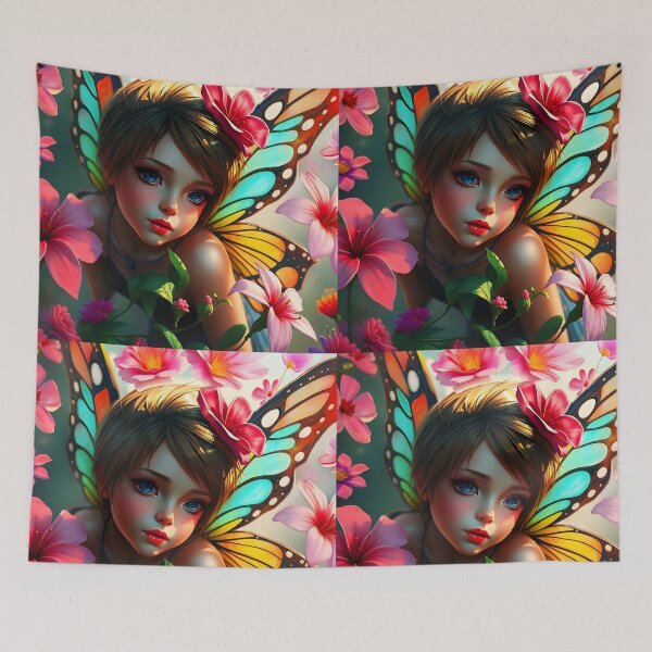Item preview, Cute Pixie Fairy with Butterfly Wings – Teal Yellow  Pink Floral Digital Portrait designed and sold by EvaAngel.