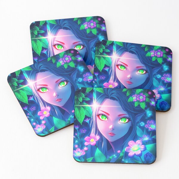 Item preview, Anime Fae Portrait – Green Glowing Eyes, Pointy Ears Sparkling Foliage designed and sold by EmeraldeaArt.