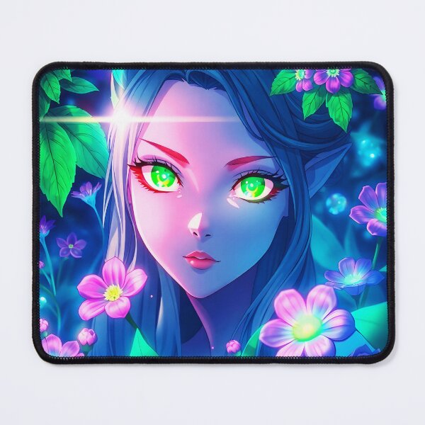 Item preview, Anime Fae Portrait – Green Glowing Eyes, Pointy Ears Sparkling Foliage designed and sold by EmeraldeaArt.