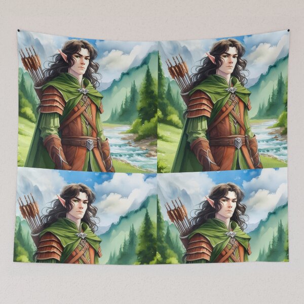 Item preview, Watercolor Elf Warrior at the Brook – Long Brown Hair & Arrows on Back designed and sold by EvaAngel.