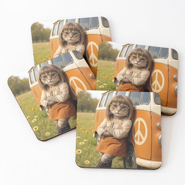 Item preview, Hippie Girl Cat Leaning On a Retro Camper Bus designed and sold by Maria Dryfhout.