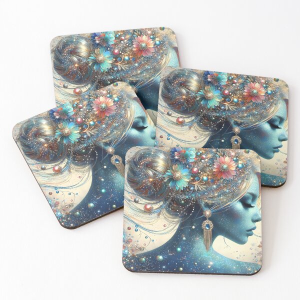 Item preview, Sparkling Blue-Silver Beauty – Side Portrait with Floral Hair Bun Jewels designed and sold by EmeraldeaArt.