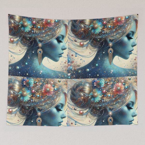 Item preview, Sparkling Blue-Silver Beauty – Side Portrait with Floral Hair Bun Jewels designed and sold by EmeraldeaArt.