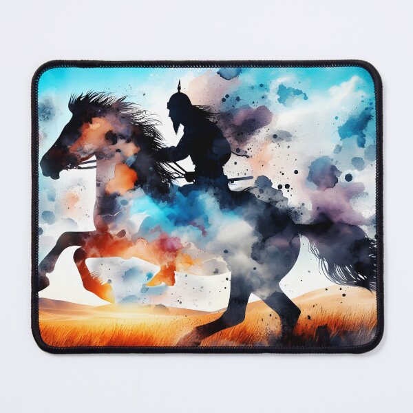 Item preview, Mongolian Warrior on Horseback – Colorful Watercolor Silhouette with Motion designed and sold by EmeraldeaArt.