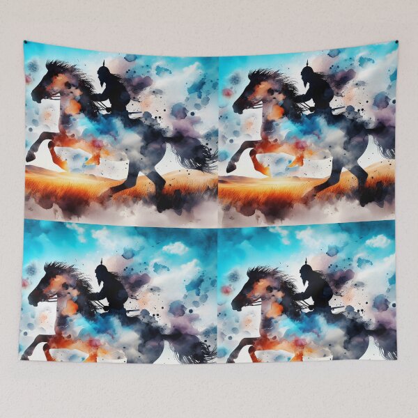Item preview, Mongolian Warrior on Horseback – Colorful Watercolor Silhouette with Motion designed and sold by EmeraldeaArt.