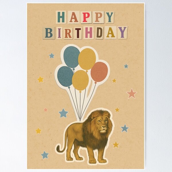 Item preview, Lion Birthday Card – Cute Animal Greeting with Balloons – Kraft Paper Style designed and sold by TringTringCards.