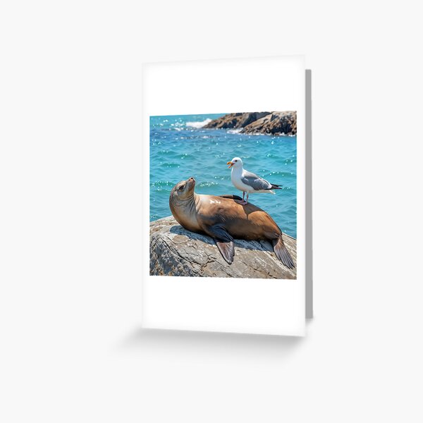 Aperçu de l'œuvre Lion de mer prenant le soleil sur un rocher avec une mouette créée et vendue par Maria Dryfhout.