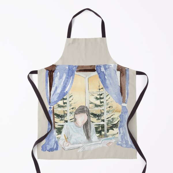 Item preview, Winter Study Time – Cozy Girl at the Window with Snowy Pines designed and sold by Softglow-Studio.