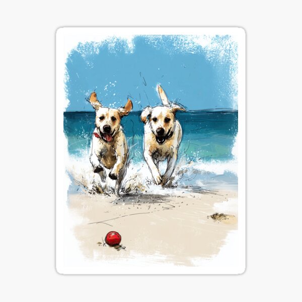 Item preview, Yellow Labradors Chasing a Ball by the Sea designed and sold by newnomads-art.