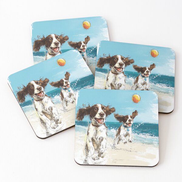 Item preview, Springer Spaniels Playing Fetch on the Beach designed and sold by newnomads-art.
