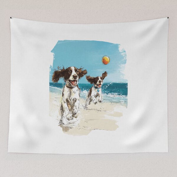 Item preview, Springer Spaniels Playing Fetch on the Beach designed and sold by newnomads-art.
