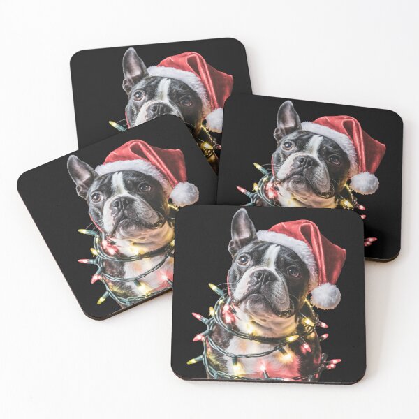 Item preview, Boston Terrier in Santa Hat Wrapped in Christmas Lights designed and sold by theartfulaspie.