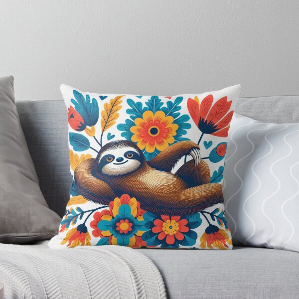 Item preview, Paresseux couché d'art populaire scandinave – Fleurs bleu vif, rouge et jaune par heidiannemorris ©️ designed and sold by FOLK ART FUSION by heidiannemorris.