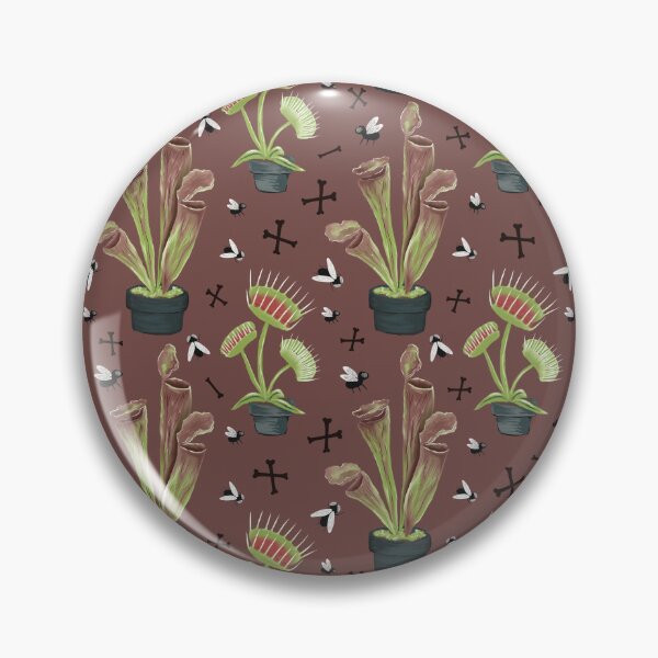 Item preview, Plantas carnívoras: Venus atrapamoscas y planta carnívora con moscas y huesos cruzados sobre fondo marrón. designed and sold by katerosestudios.