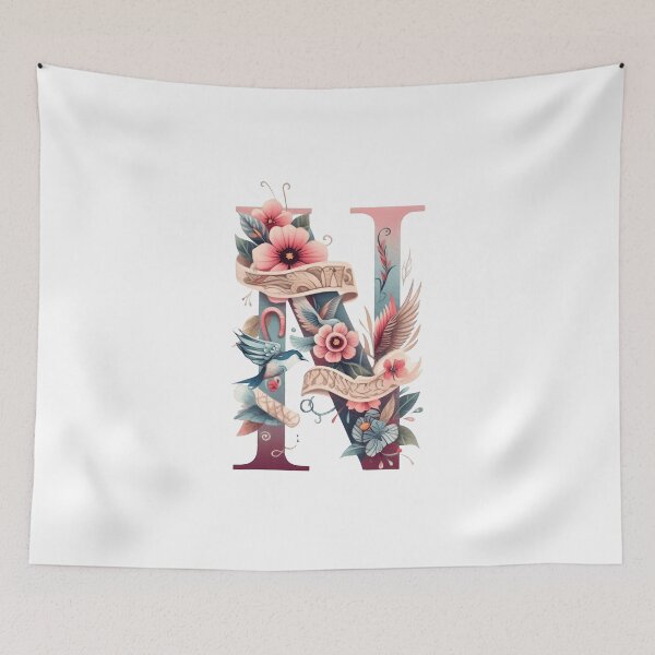 Item preview, Letter N Watercolor Alphabet Tattoo Initial monogram banner birds flowers art designed and sold by SomniferumWars.
