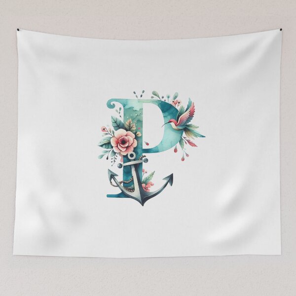Item preview, Letter P Watercolor Alphabet Tattoo Initial monogram flash birds flowers anchor designed and sold by SomniferumWars.