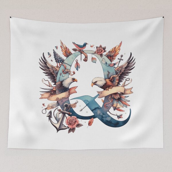 Item preview, Letter Q Watercolor Alphabet Tattoo Initial monogram banner eagle roses art designed and sold by SomniferumWars.