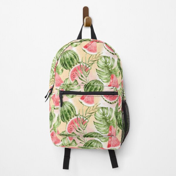 Item preview, watermelon pattern with tropical leaves on soft pink and yellow watercolor background designed and sold by eves_aquadreams.