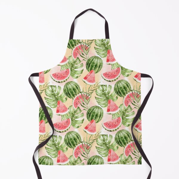 Item preview, watermelon pattern with tropical leaves on soft pink and yellow watercolor background designed and sold by eves_aquadreams.