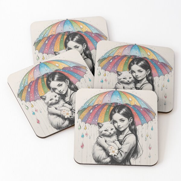 Item preview, Young Girl With a White Cat and a Colorful Umbrella designed and sold by AlinaSCorner.