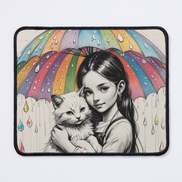 Item preview, Young Girl With a White Cat and a Colorful Umbrella designed and sold by AlinaSCorner.