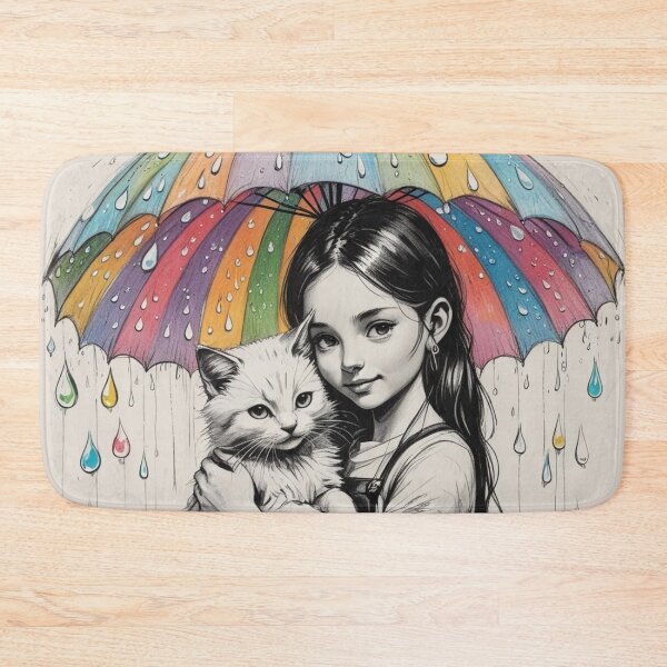 Item preview, Young Girl With a White Cat and a Colorful Umbrella designed and sold by AlinaSCorner.