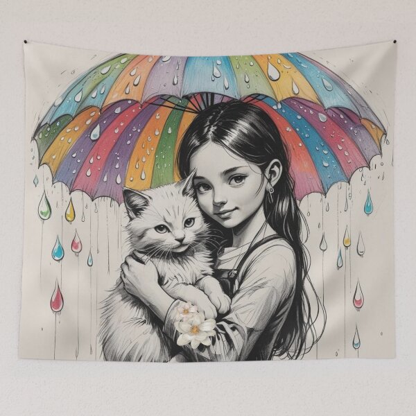 Item preview, Young Girl With a White Cat and a Colorful Umbrella designed and sold by AlinaSCorner.