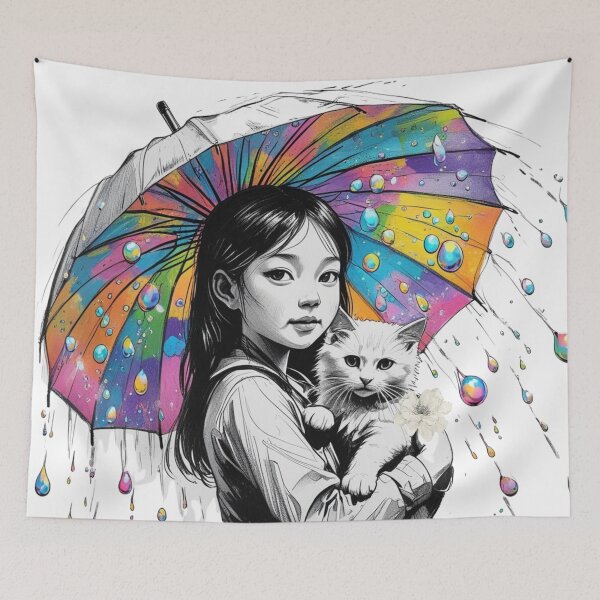 Item preview, Young Girl With a White Cat and a Colorful Umbrella 2 designed and sold by AlinaSCorner.