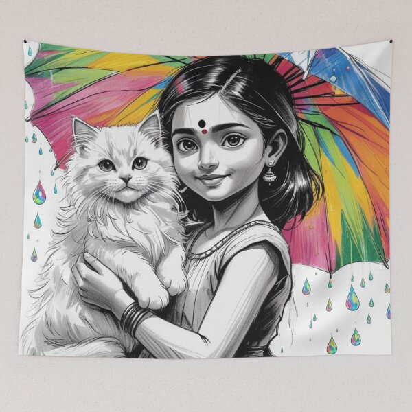Item preview, Young Girl With a White Cat and a Colorful Umbrella 3 designed and sold by AlinaSCorner.