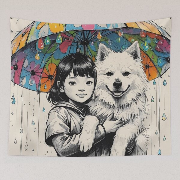 Item preview, Young Girl With a White Dog and a Colorful Umbrella designed and sold by AlinaSCorner.