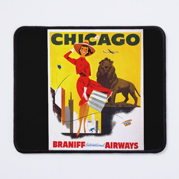 Item preview, Vintage Braniff Airways Travel Poster to Chicago | Mid-Century Modern Art Print | Vibrant 1950s-60s Style Decor designed and sold by artofuniverse.