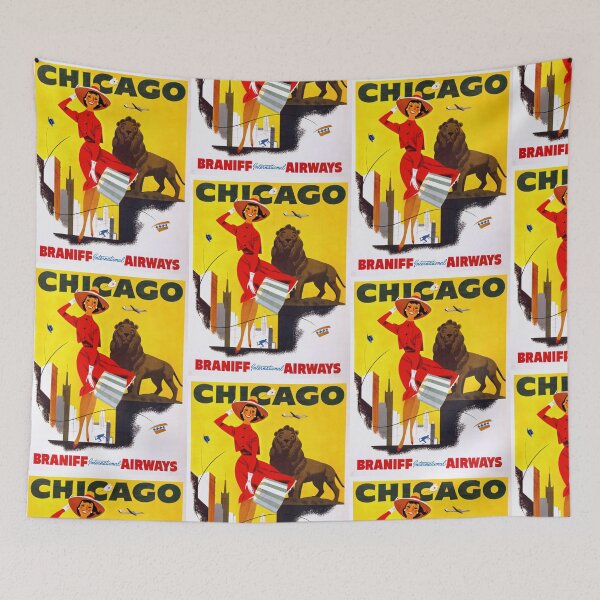 Item preview, Vintage Braniff Airways Travel Poster to Chicago | Mid-Century Modern Art Print | Vibrant 1950s-60s Style Decor designed and sold by artofuniverse.